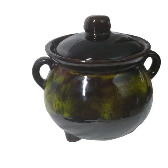 Vintage Glazed Soup Pot/Witch  Cauldron With Lid Handles Black Brown Green - Picture 3 of 8